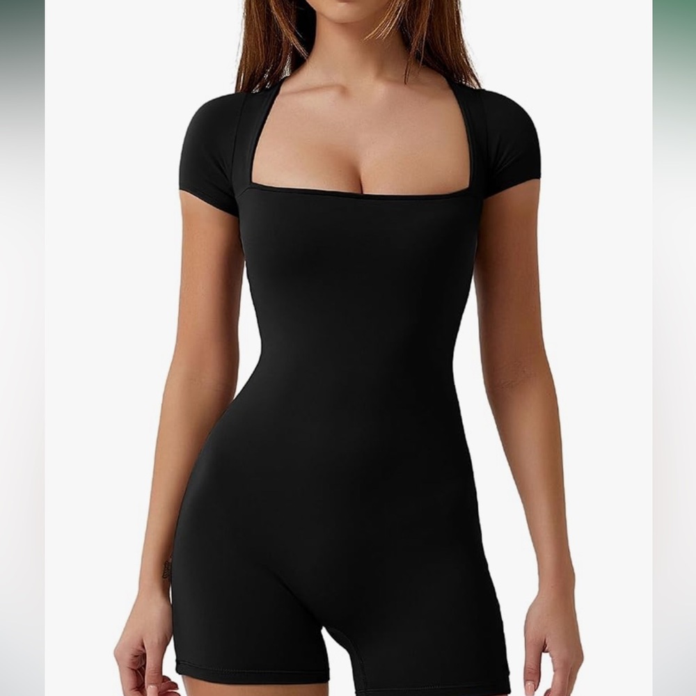 QINSEN Bodycon Romper Square Neck Unitard Jumpsuit